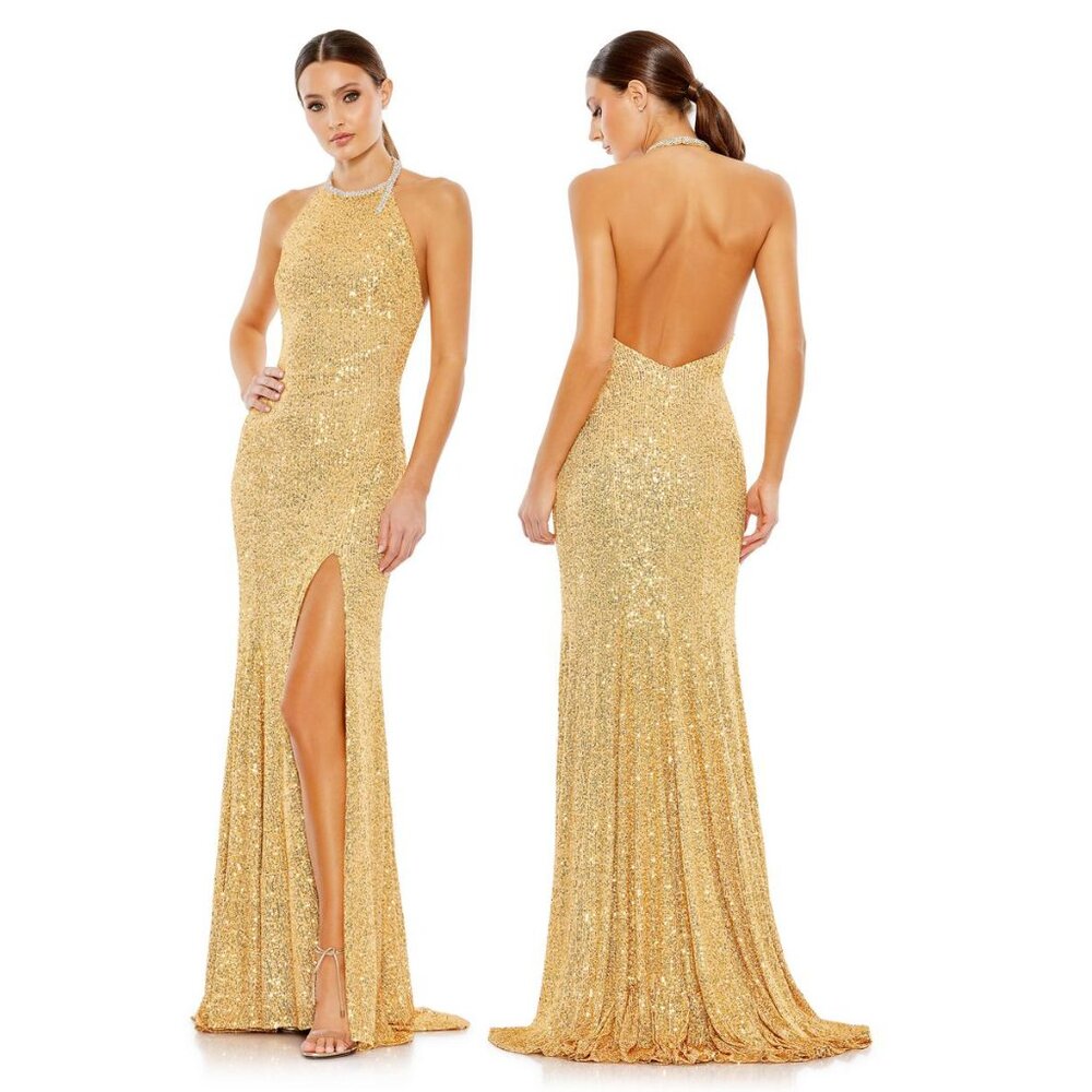 MAC DUGGAL STYLE 26943 SEQUINED HIGH NECK RHINESTONE TRIM COLUMN‎ GOWN IN GOLD 0